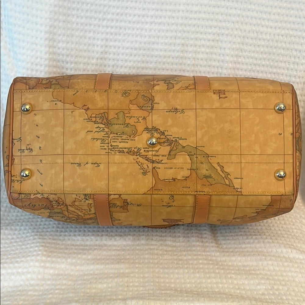 Prima Classe Vintage Map Print Brown Leather Duffel Bag - Picture 5 of 12